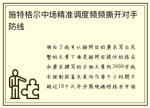 施特格尔中场精准调度频频撕开对手防线